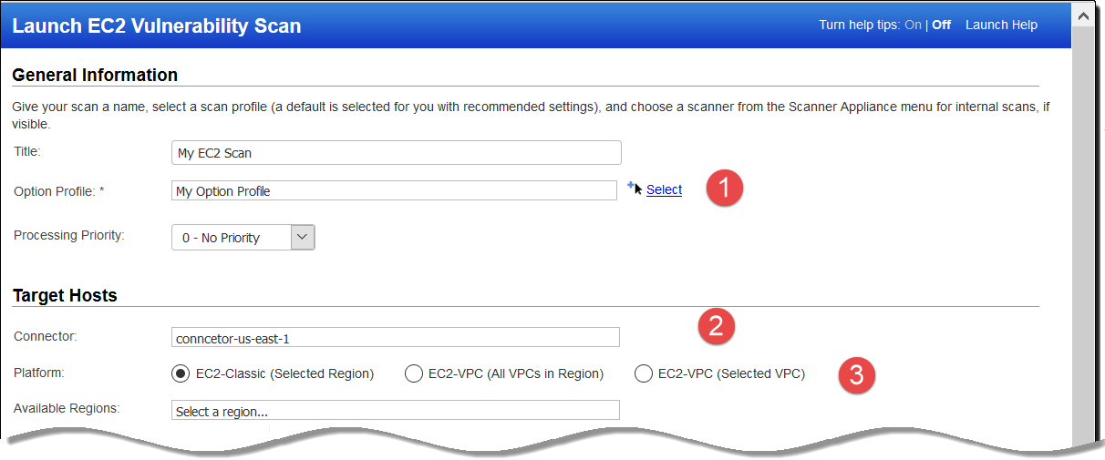 EC2 スキャン設定 - オプションプロファイルとプラットフォーム