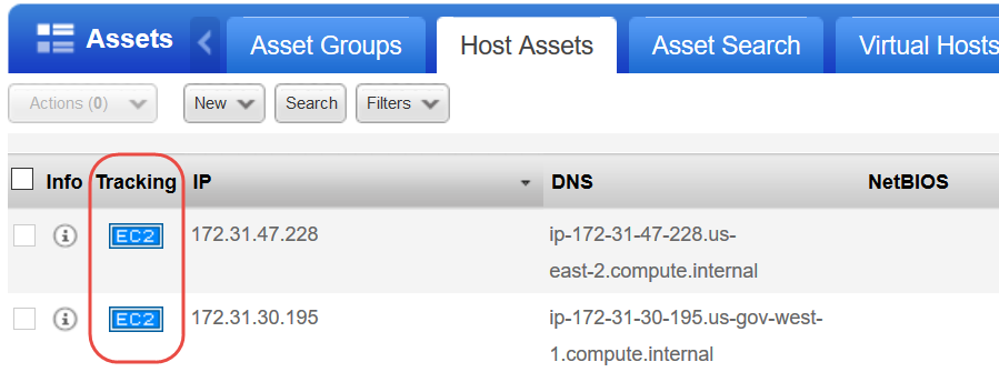 EC2 追跡方法が指定されているアセットを示す「Host Assets」タブ