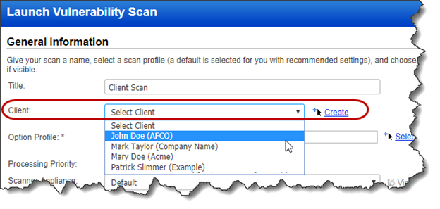 「Launch Vulnerability Scan」ウィンドウの「Client」オプション