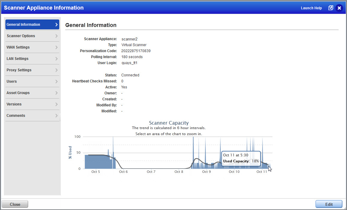 「Scanner Appliance Information」ウィンドウの「Scanner Capacity」