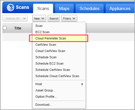 「Scans」タブの「New Cloud Perimeter Scan」オプション
