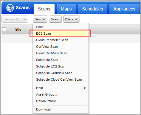 「Scans」タブの「New EC2 Scan」オプション