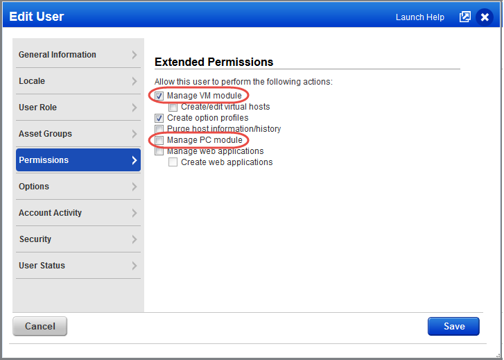 「Edit User」ページの「Extended Permissions」で選択された VM モジュールの管理