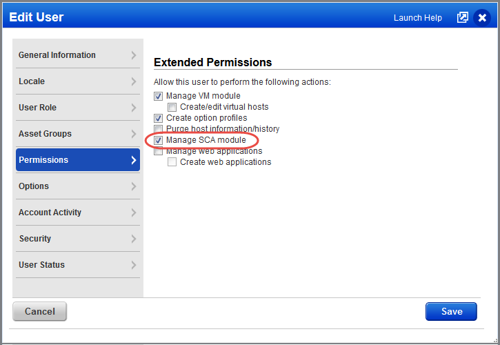 「Edit User」ページの「Extended Permissions」で選択された SCA モジュールの管理