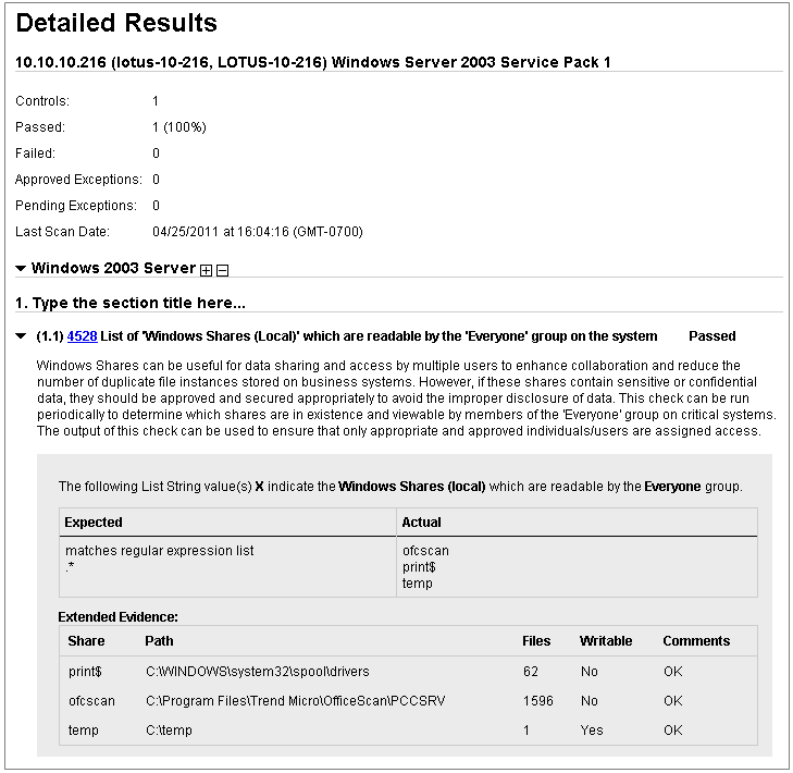 Windows 共有を表示するコンプライアンスポリシーレポート例の「Extended Evidence」項